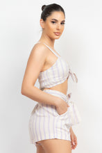 Load image into Gallery viewer, Tie-front Striped Crop Top & Belted Shorts Set