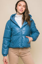 Load image into Gallery viewer, Pu Faux Leather Zipper Hooded Puffer Jacket