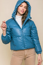 Load image into Gallery viewer, Pu Faux Leather Zipper Hooded Puffer Jacket