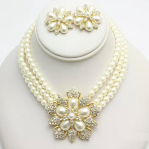 Rhinestone Pearl Flower Necklace Earring Set