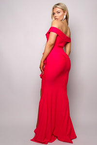 Venise red long dress Crossover Front Off Shoulder Side Ruffle Maxi Dress