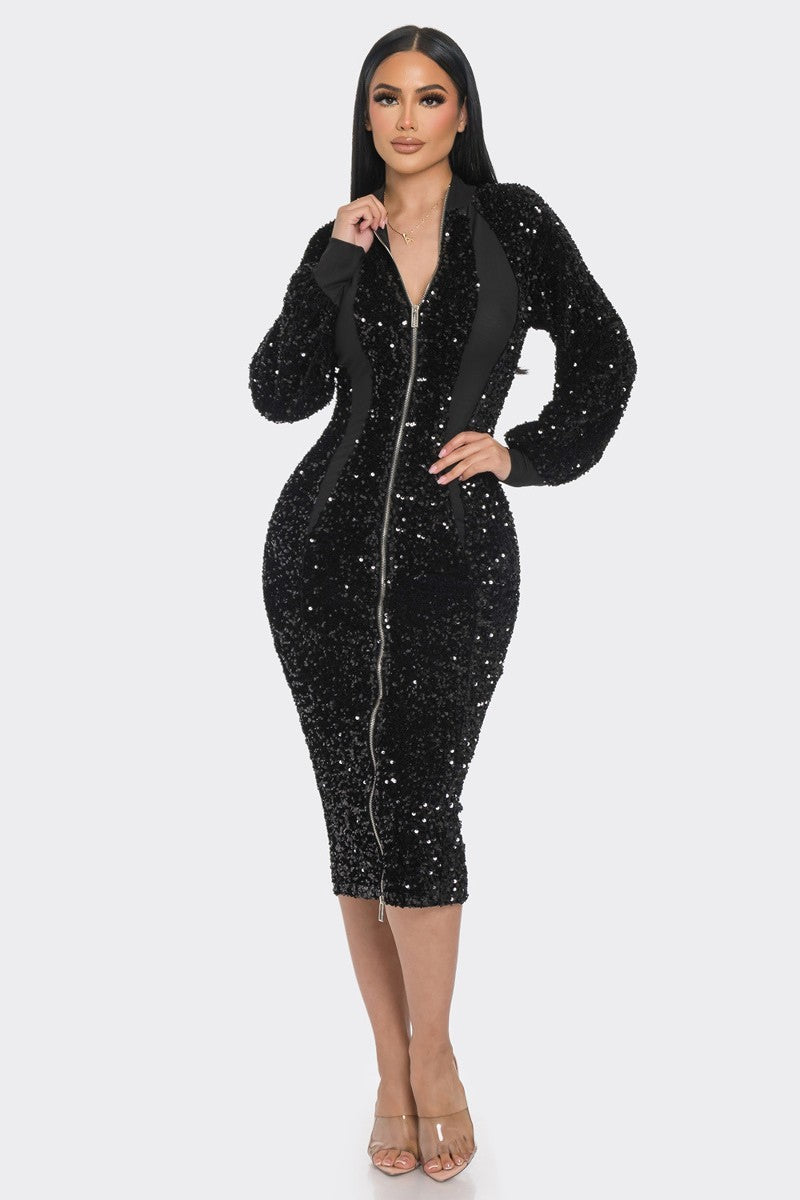 Sexy me Midi 2 Way Zip Up Sequin Contrast Dress